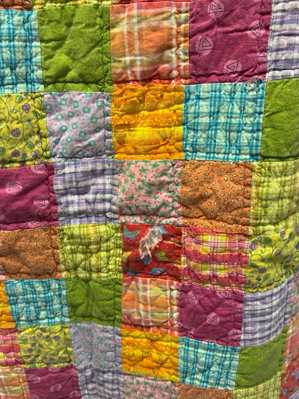 Vintage hand sewn colorful patchwork quilt postage stamp squares 84x84